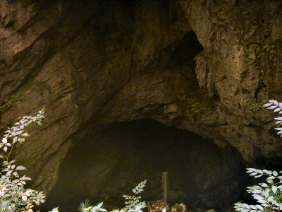  天然記念物の石柱が建つ洞口 